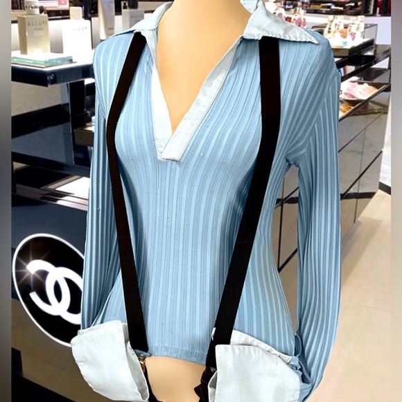 Y2K 1990’s Vintage Blue Cuffed Collar Tee w/ black suspenders - Picture 1 of 16